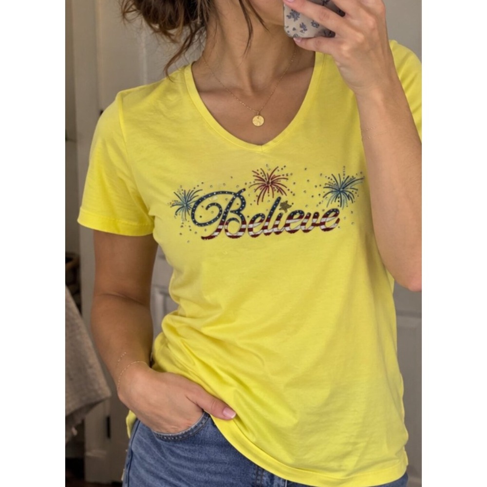 Quacker Factory Believe Patriotic T Shirt Size 8 Yellow Rhinestone Fireworks NWT